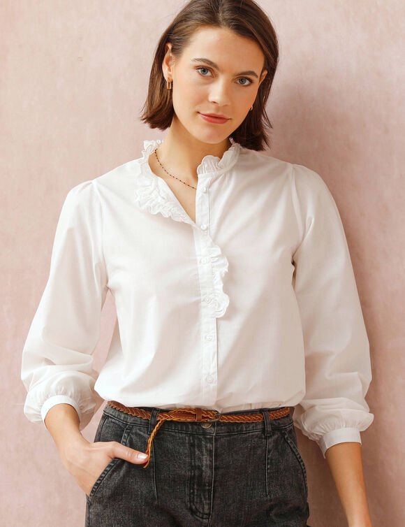 Effen bloes met stroken aan de hals (ecru) Effen bloes met stroken aan de hals (ecru)